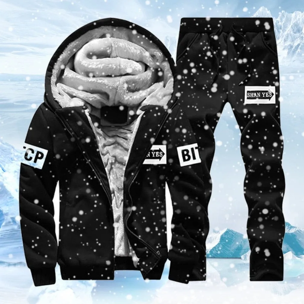 ContiNent 33 Men Set Fashion Brand Tracksuit Lined Thick Sweatshirt   Pants Sportswear Suit Male Winter Warm Hooded Outerwear Suit