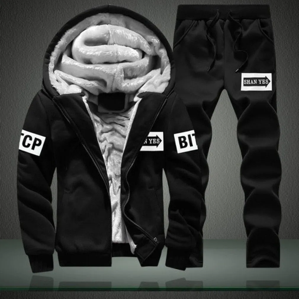 ContiNent 33 Men Set Fashion Brand Tracksuit Lined Thick Sweatshirt   Pants Sportswear Suit Male Winter Warm Hooded Outerwear Suit