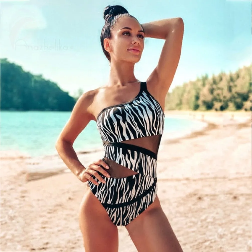 ContiNent 33 Sexy One Shoulder One Piece Swimsuit Off Shoulder Mesh Patchwork Swimwear Bodysuit Bathing Suit Monokini