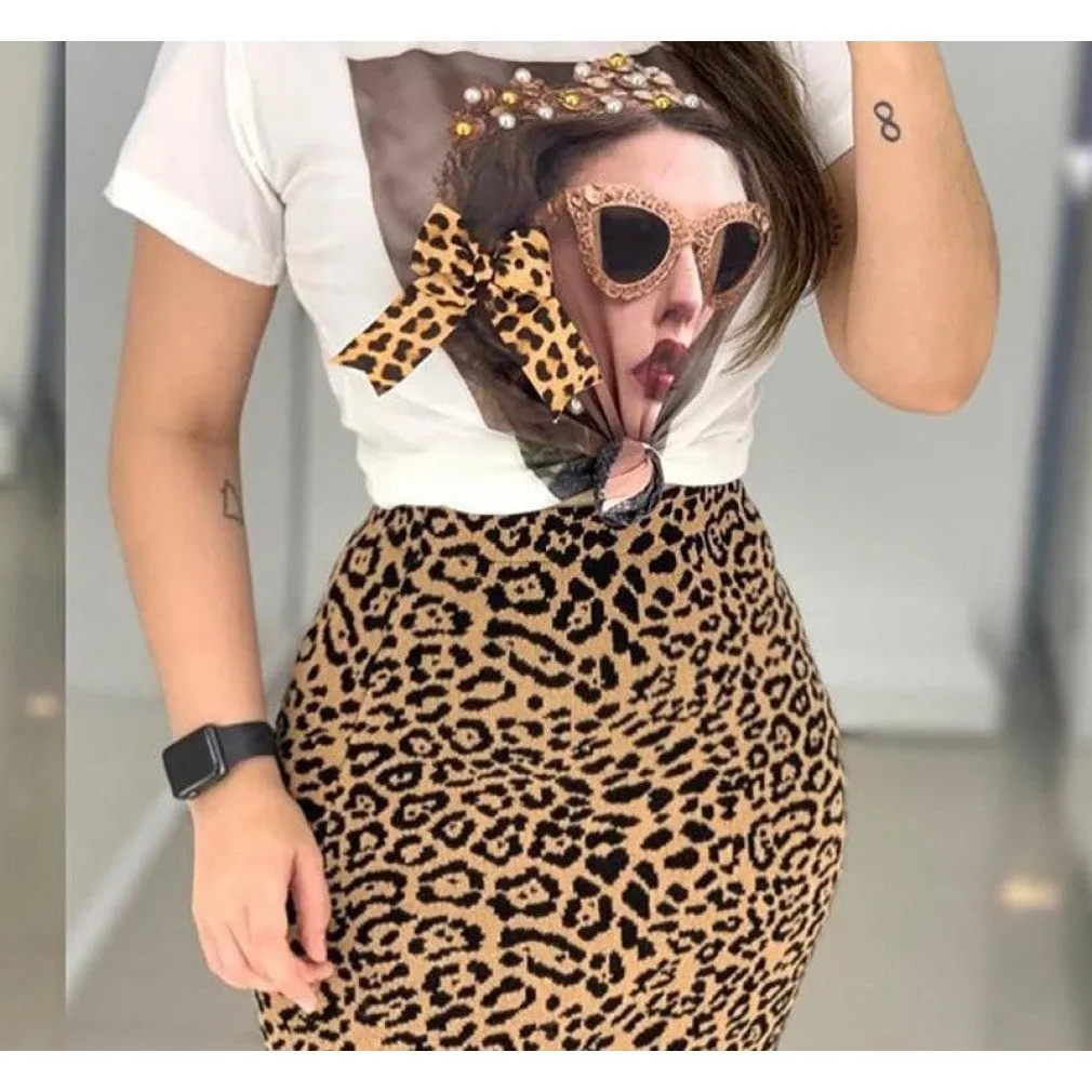 ContiNent 33 Two Peice Set For Women Casual O-Neck T Shirt's Skirt Set Fashion Leopard Print Office Women Set Elegance Skinny Ropa Femenina