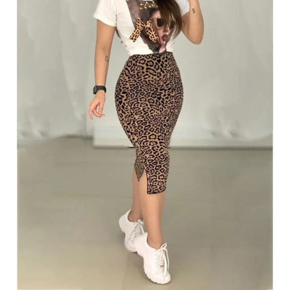 ContiNent 33 Two Peice Set For Women Casual O-Neck T Shirt's Skirt Set Fashion Leopard Print Office Women Set Elegance Skinny Ropa Femenina
