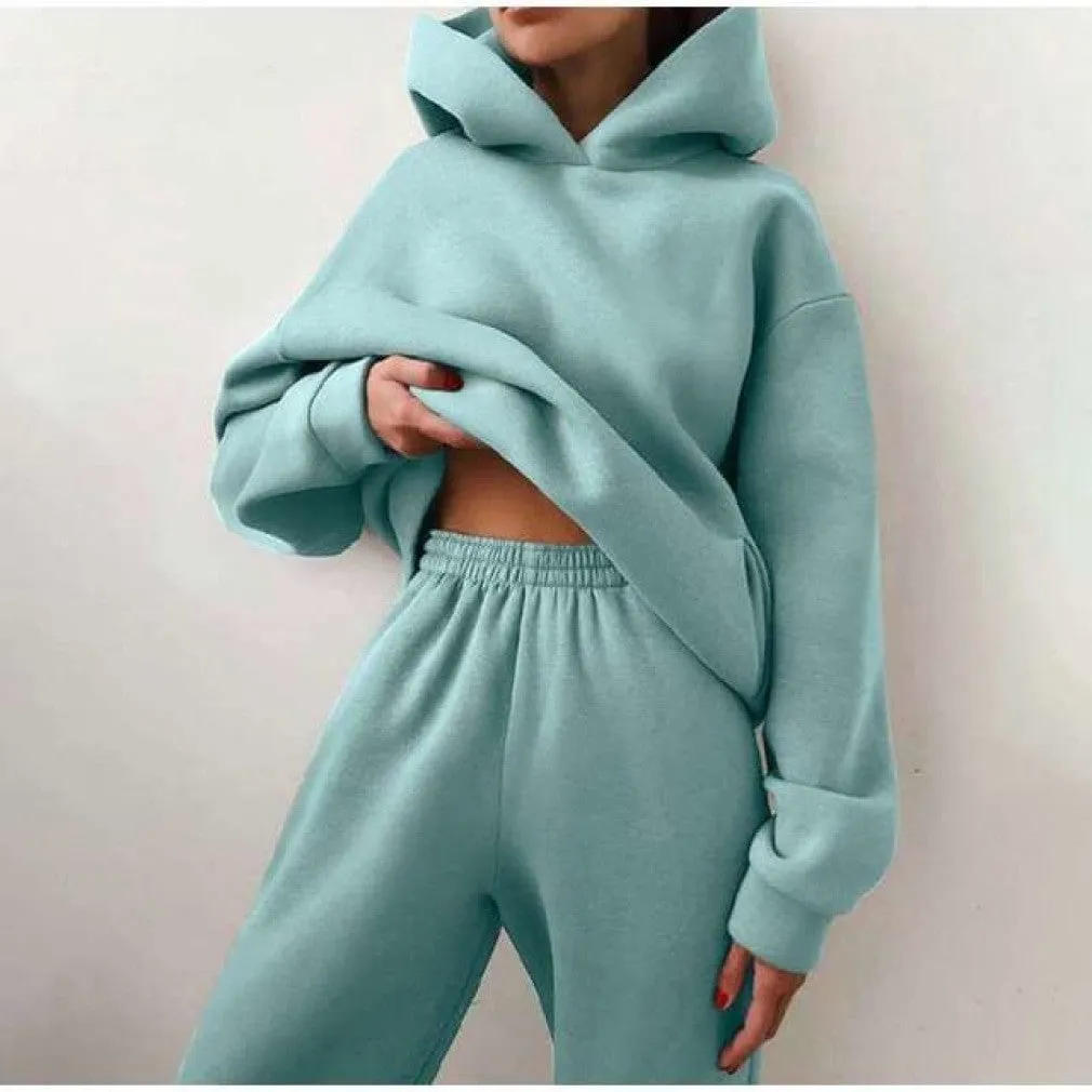 ContiNent 33 Women Solid Fleece Tracksuit And Hooded Jogger Pants Two Piece Set Autumn Winter Female Oversized Casual Sportswear Suit