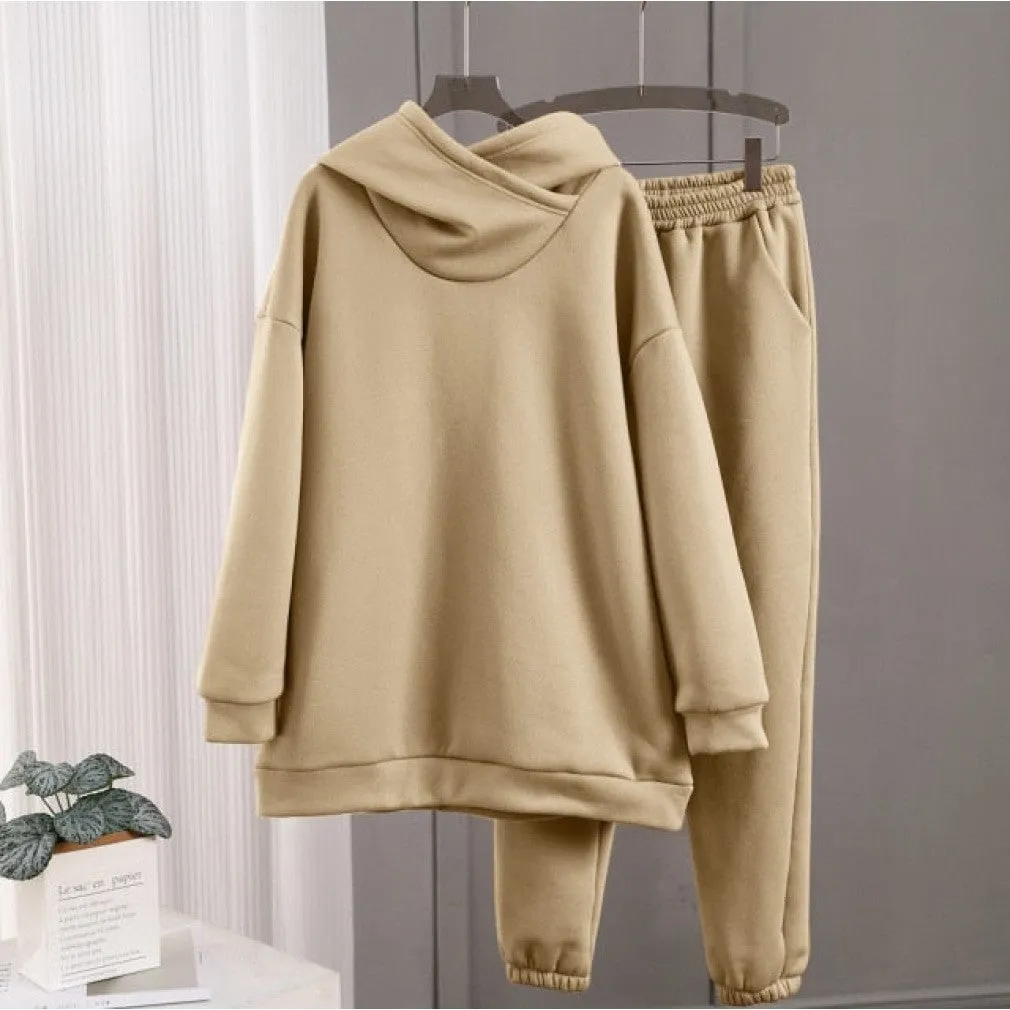 ContiNent 33 Women Solid Fleece Tracksuit And Hooded Jogger Pants Two Piece Set Autumn Winter Female Oversized Casual Sportswear Suit