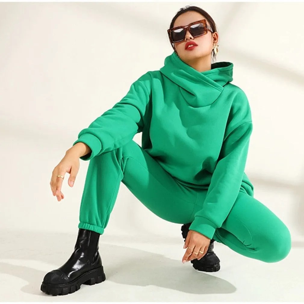 ContiNent 33 Women Solid Fleece Tracksuit And Hooded Jogger Pants Two Piece Set Autumn Winter Female Oversized Casual Sportswear Suit