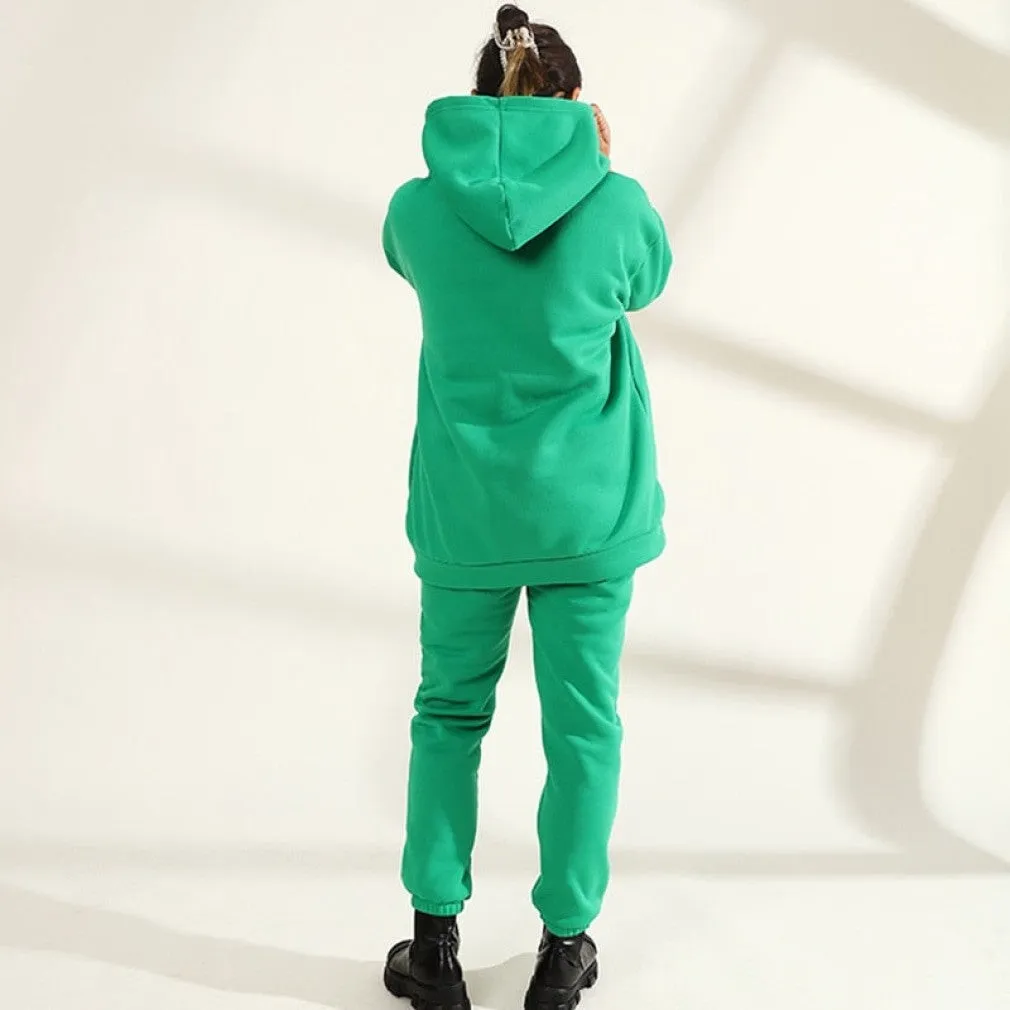 ContiNent 33 Women Solid Fleece Tracksuit And Hooded Jogger Pants Two Piece Set Autumn Winter Female Oversized Casual Sportswear Suit