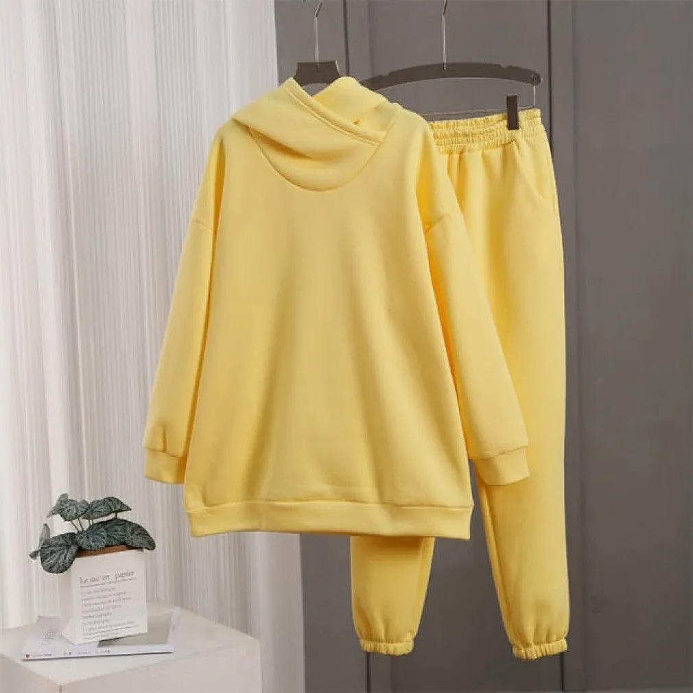 ContiNent 33 Women Solid Fleece Tracksuit And Hooded Jogger Pants Two Piece Set Autumn Winter Female Oversized Casual Sportswear Suit
