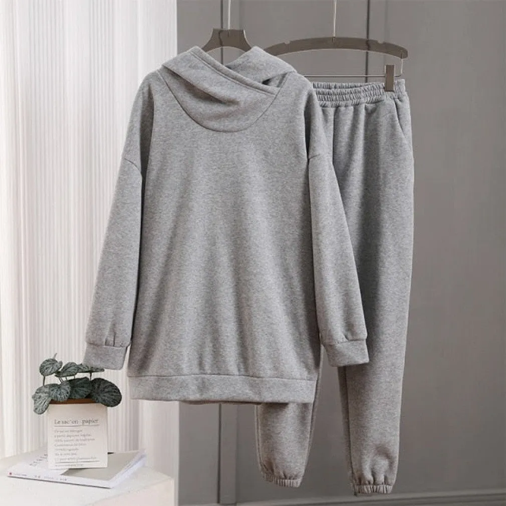 ContiNent 33 Women Solid Fleece Tracksuit And Hooded Jogger Pants Two Piece Set Autumn Winter Female Oversized Casual Sportswear Suit