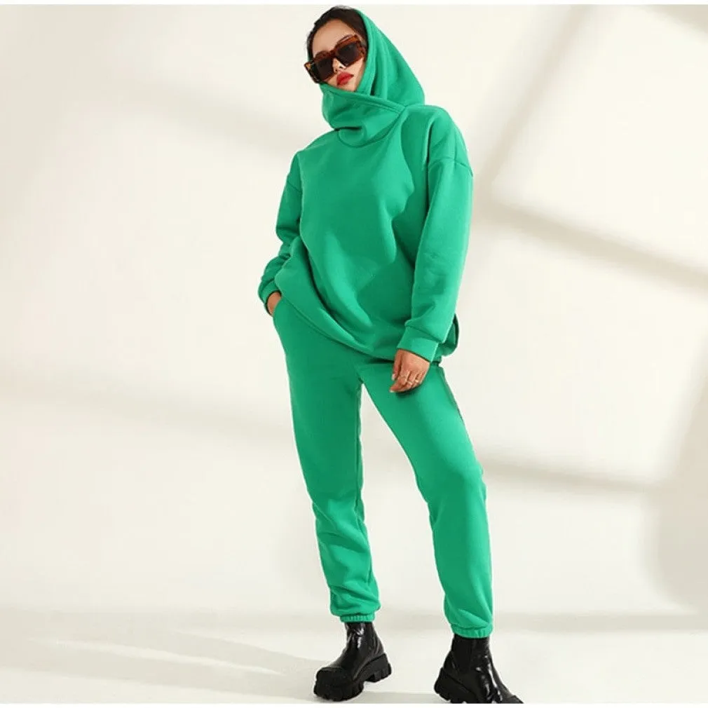 ContiNent 33 Women Solid Fleece Tracksuit And Hooded Jogger Pants Two Piece Set Autumn Winter Female Oversized Casual Sportswear Suit