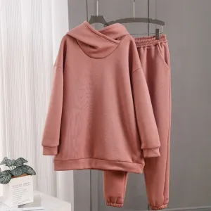 ContiNent 33 Women Solid Fleece Tracksuit And Hooded Jogger Pants Two Piece Set Autumn Winter Female Oversized Casual Sportswear Suit