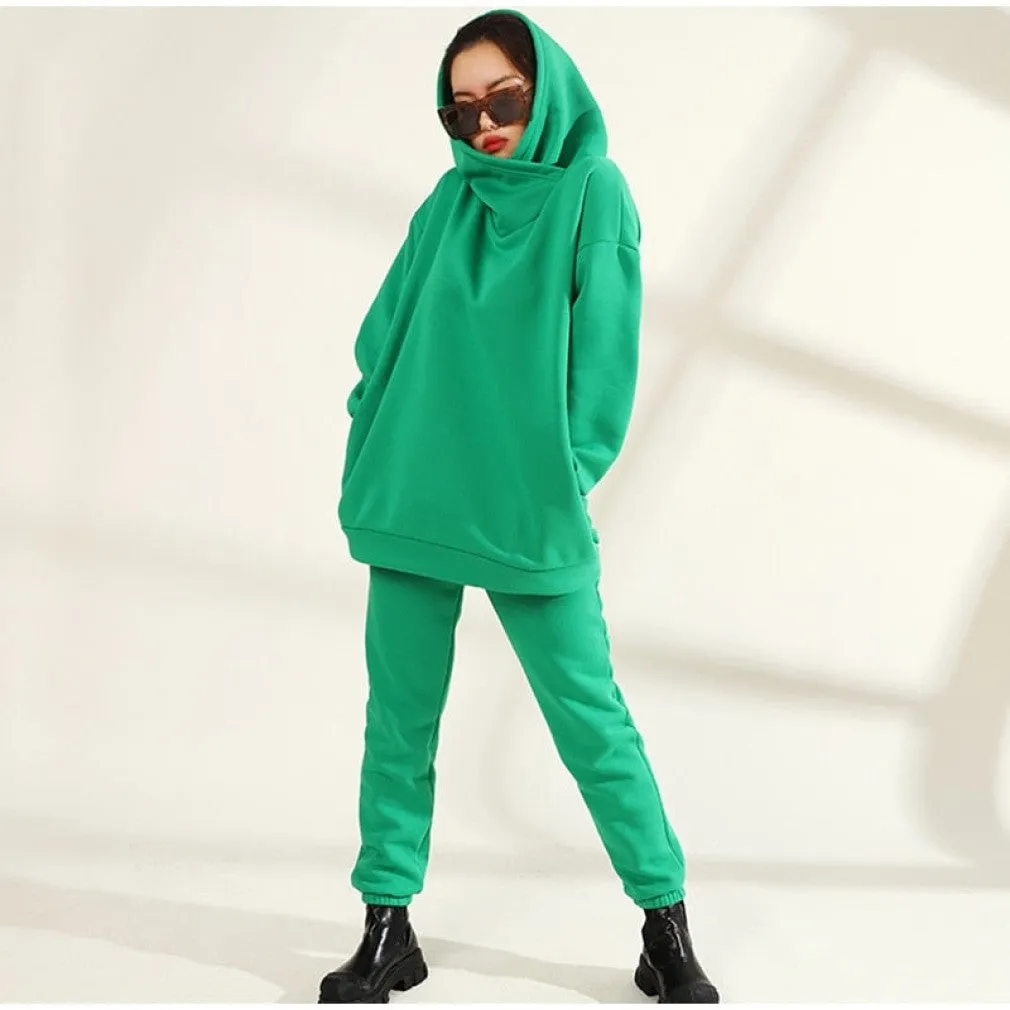 ContiNent 33 Women Solid Fleece Tracksuit And Hooded Jogger Pants Two Piece Set Autumn Winter Female Oversized Casual Sportswear Suit