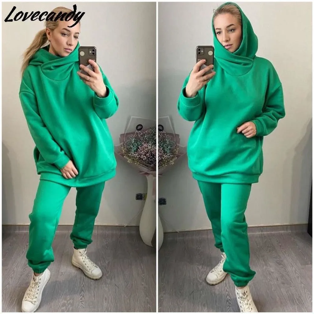 ContiNent 33 Women Solid Fleece Tracksuit And Hooded Jogger Pants Two Piece Set Autumn Winter Female Oversized Casual Sportswear Suit