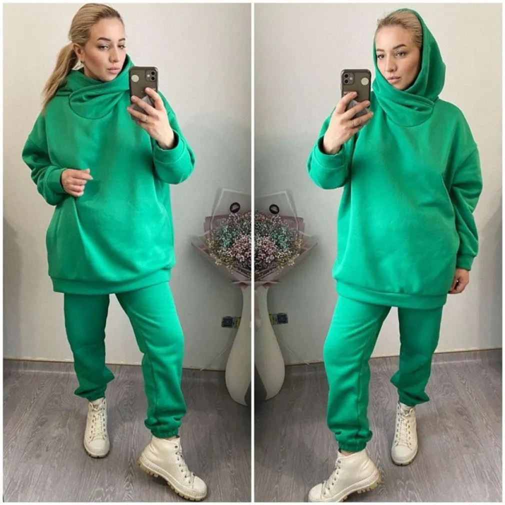 ContiNent 33 Women Solid Fleece Tracksuit And Hooded Jogger Pants Two Piece Set Autumn Winter Female Oversized Casual Sportswear Suit