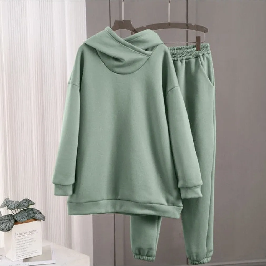 ContiNent 33 Women Solid Fleece Tracksuit And Hooded Jogger Pants Two Piece Set Autumn Winter Female Oversized Casual Sportswear Suit