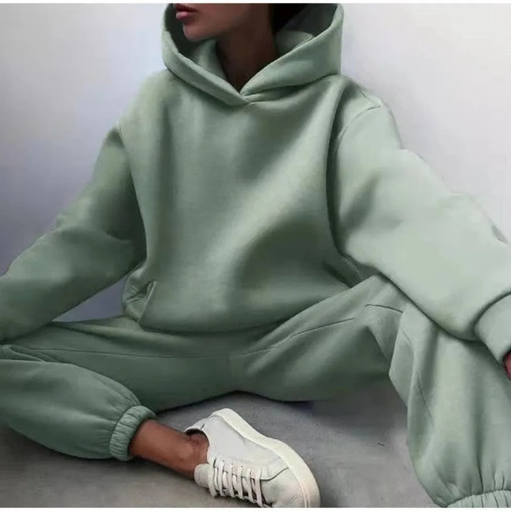 ContiNent 33 Women Solid Fleece Tracksuit And Hooded Jogger Pants Two Piece Set Autumn Winter Female Oversized Casual Sportswear Suit