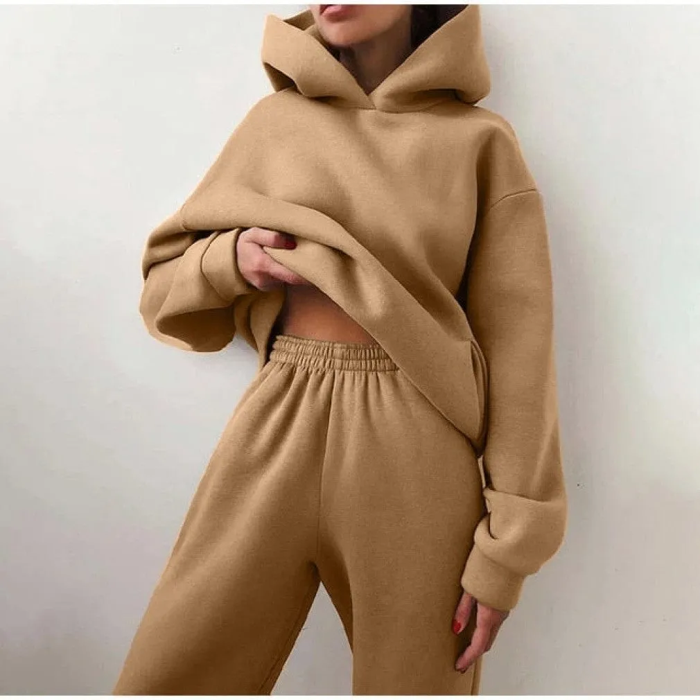 ContiNent 33 Women Solid Fleece Tracksuit And Hooded Jogger Pants Two Piece Set Autumn Winter Female Oversized Casual Sportswear Suit