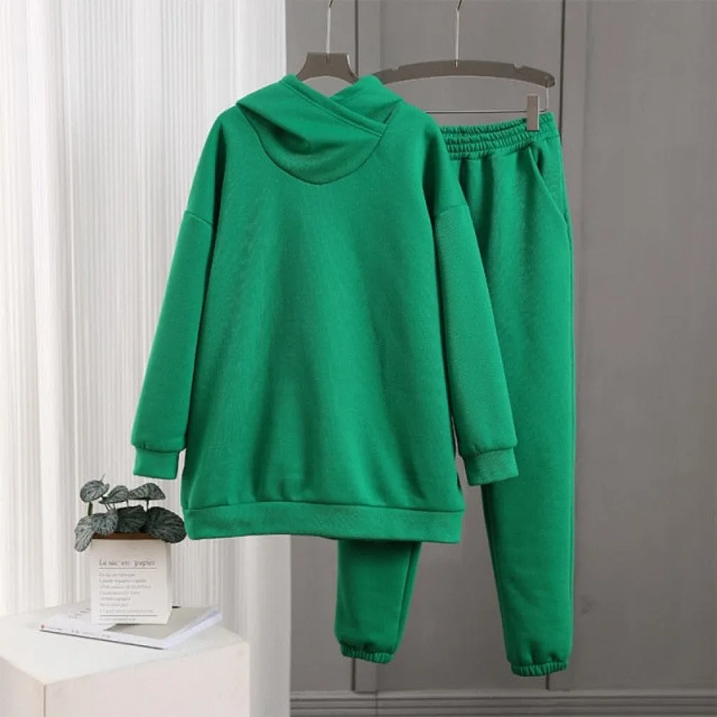 ContiNent 33 Women Solid Fleece Tracksuit And Hooded Jogger Pants Two Piece Set Autumn Winter Female Oversized Casual Sportswear Suit