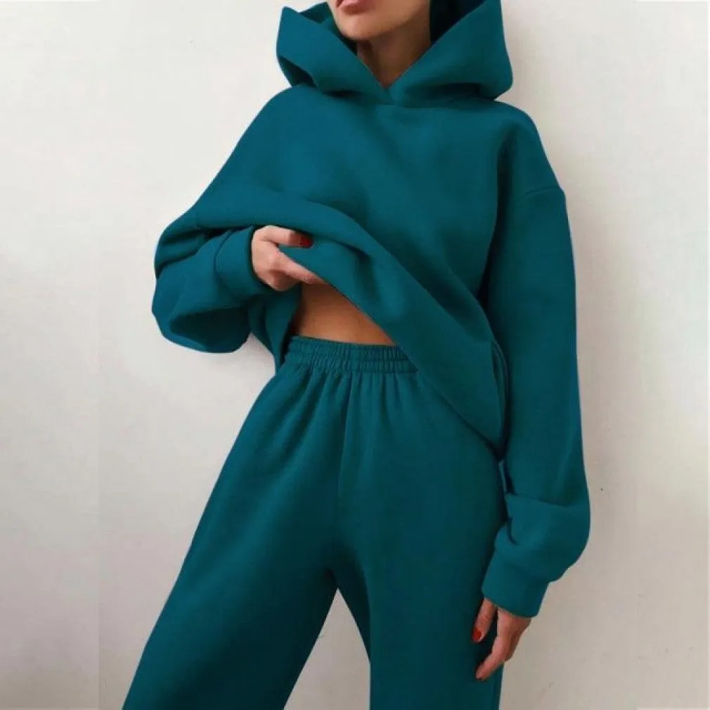 ContiNent 33 Women Solid Fleece Tracksuit And Hooded Jogger Pants Two Piece Set Autumn Winter Female Oversized Casual Sportswear Suit