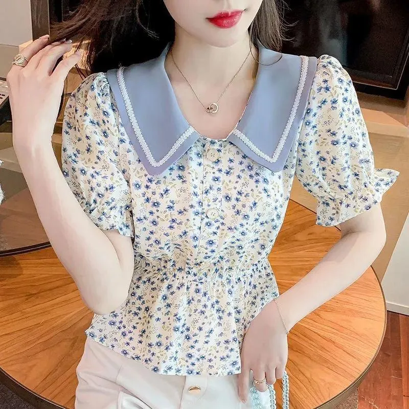 Contrast Color Doll Collar Short-sleeved Floral Shirt Women's Summer Dress Waist Short Shirt Top Trendy
