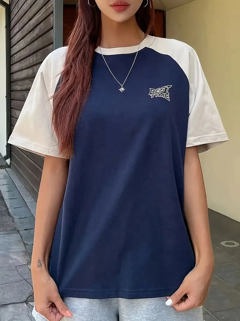 Contrast retro letter print top with raglan sleeves