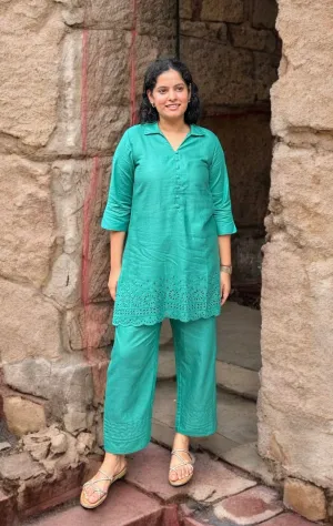 Coord Set Chikankari Cutwork Cotton In Green Color