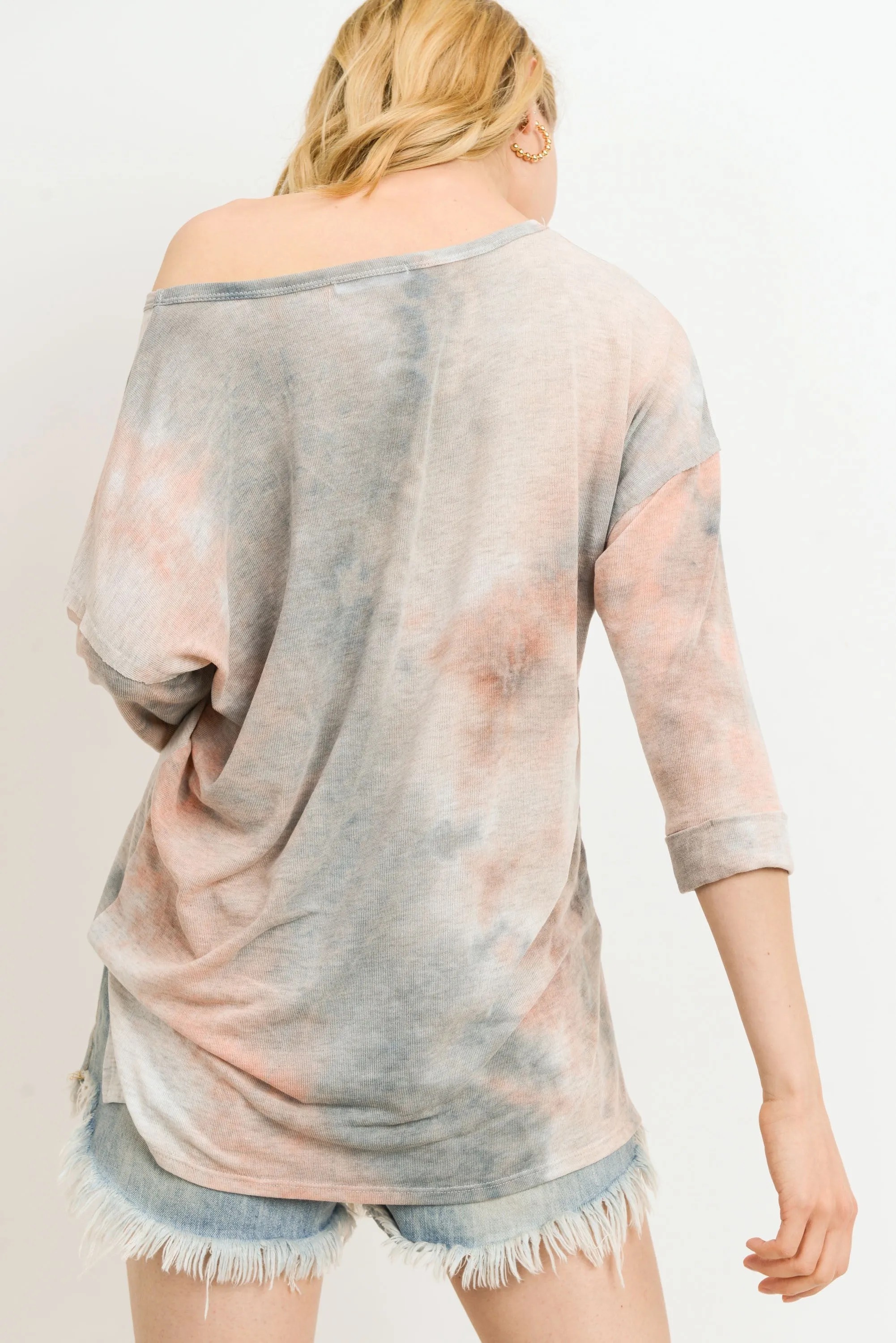 Coral Grey Tie Dye Rolled Sleeve Top 12/2/24 9367