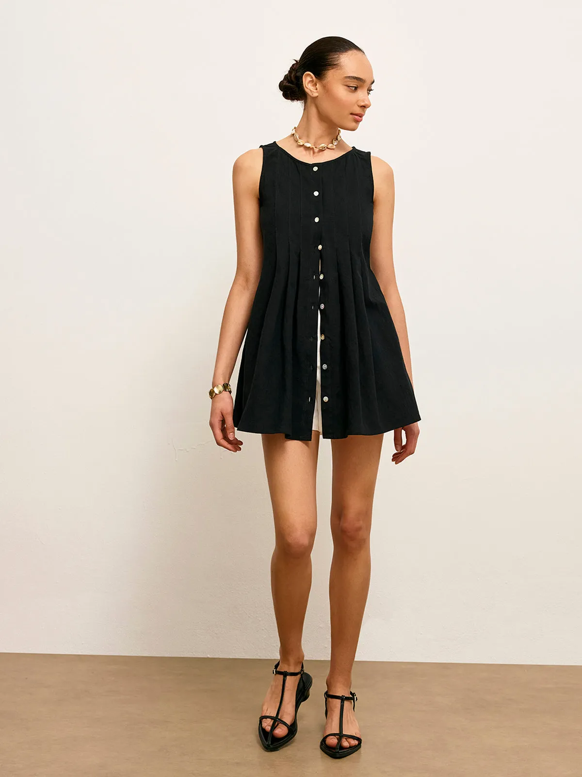 Cotton & Linen Pleated Button-Up Top
