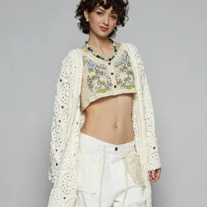 Crochet Fringe Open Front Long Cardigan