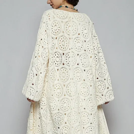 Crochet Fringe Open Front Long Cardigan