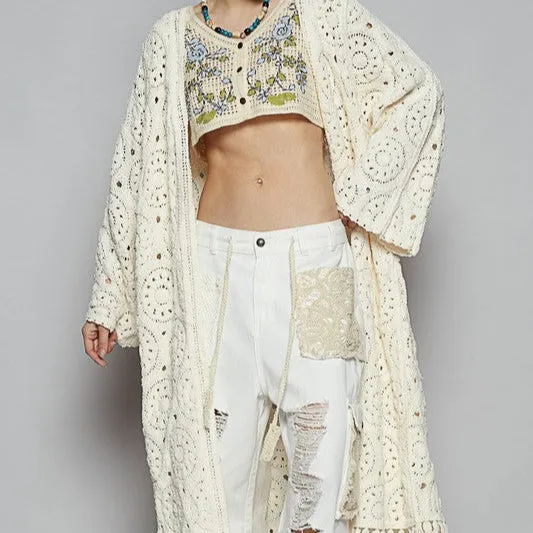 Crochet Fringe Open Front Long Cardigan