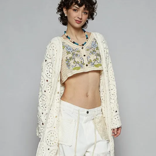 Crochet Fringe Open Front Long Cardigan