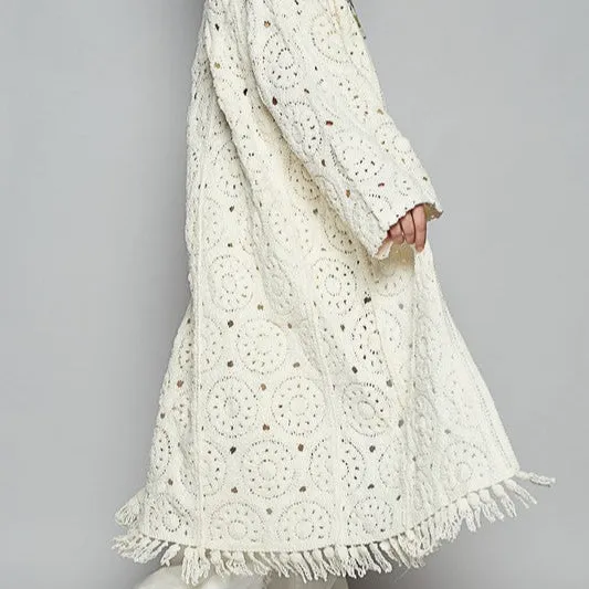 Crochet Fringe Open Front Long Cardigan