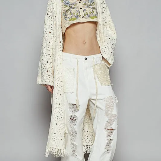 Crochet Fringe Open Front Long Cardigan