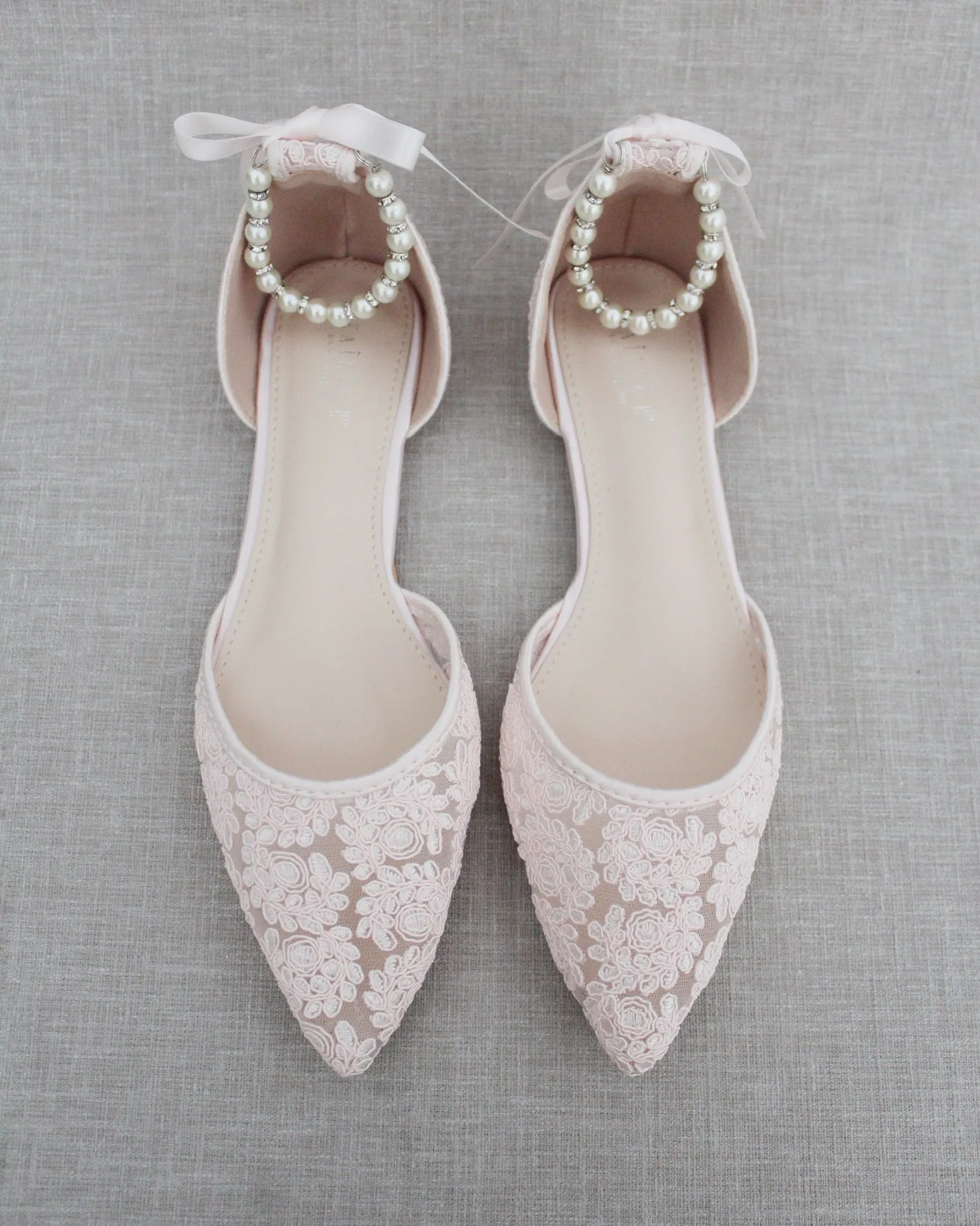 Crochet Lace Pointy Toe with Pearls Ankle Strap