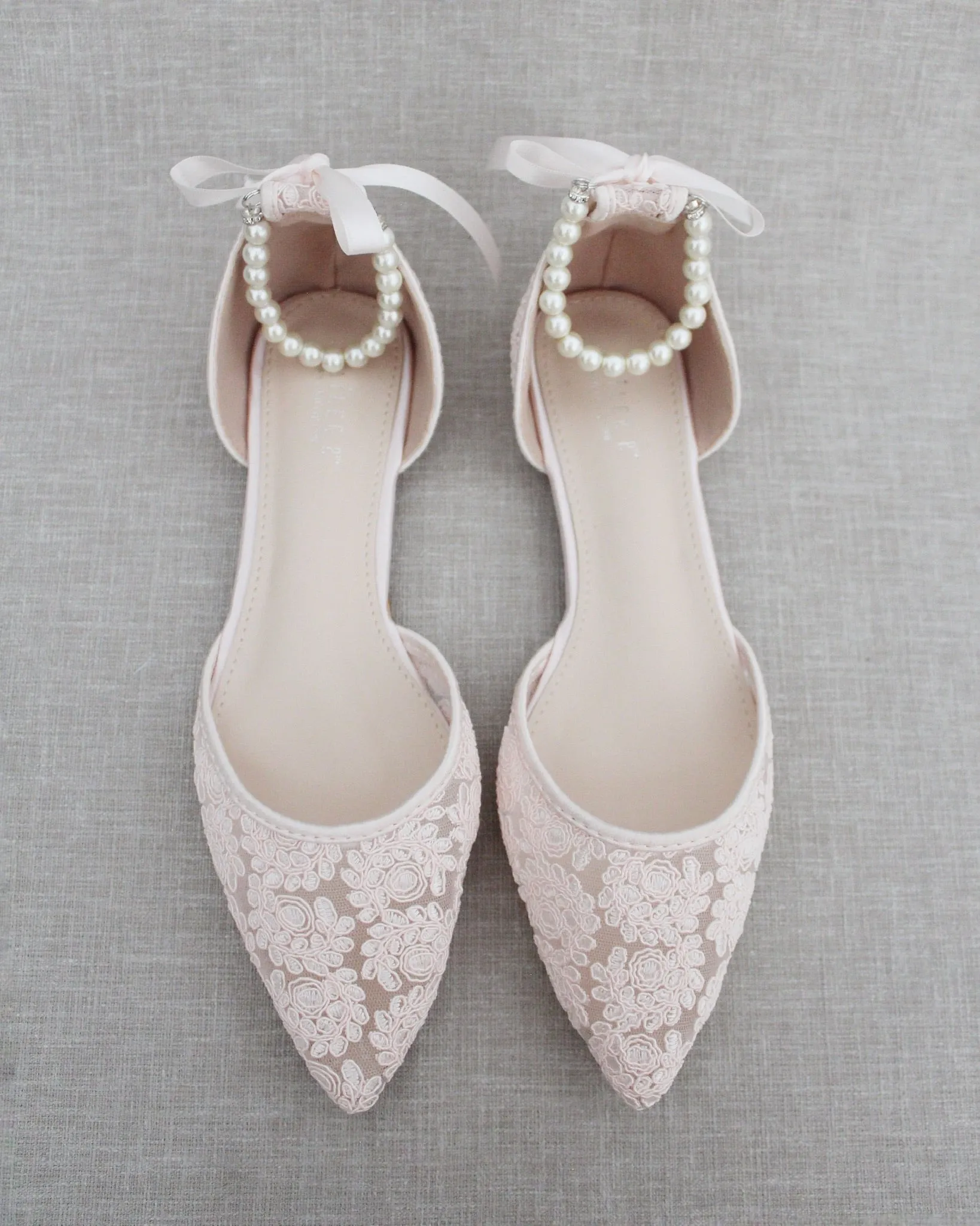 Crochet Lace Pointy Toe with Pearls Ankle Strap