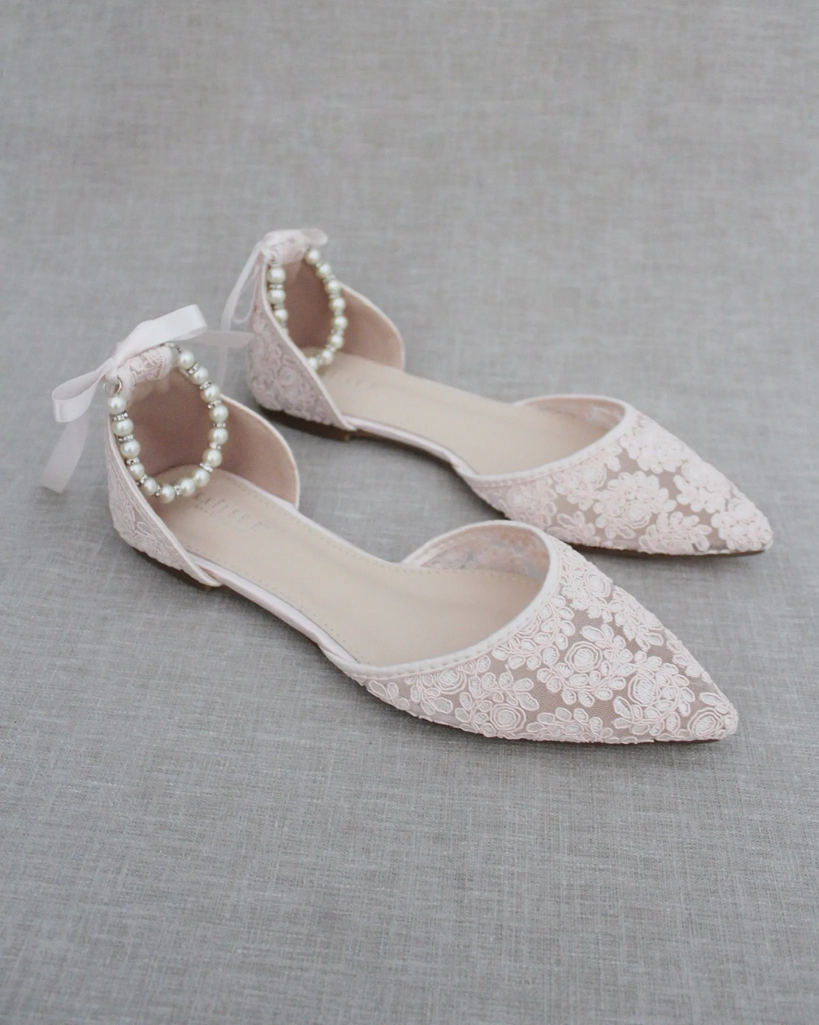 Crochet Lace Pointy Toe with Pearls Ankle Strap