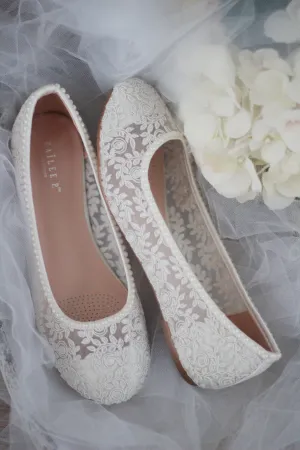 Crochet Lace Round Toe Flats with Mini Pearls