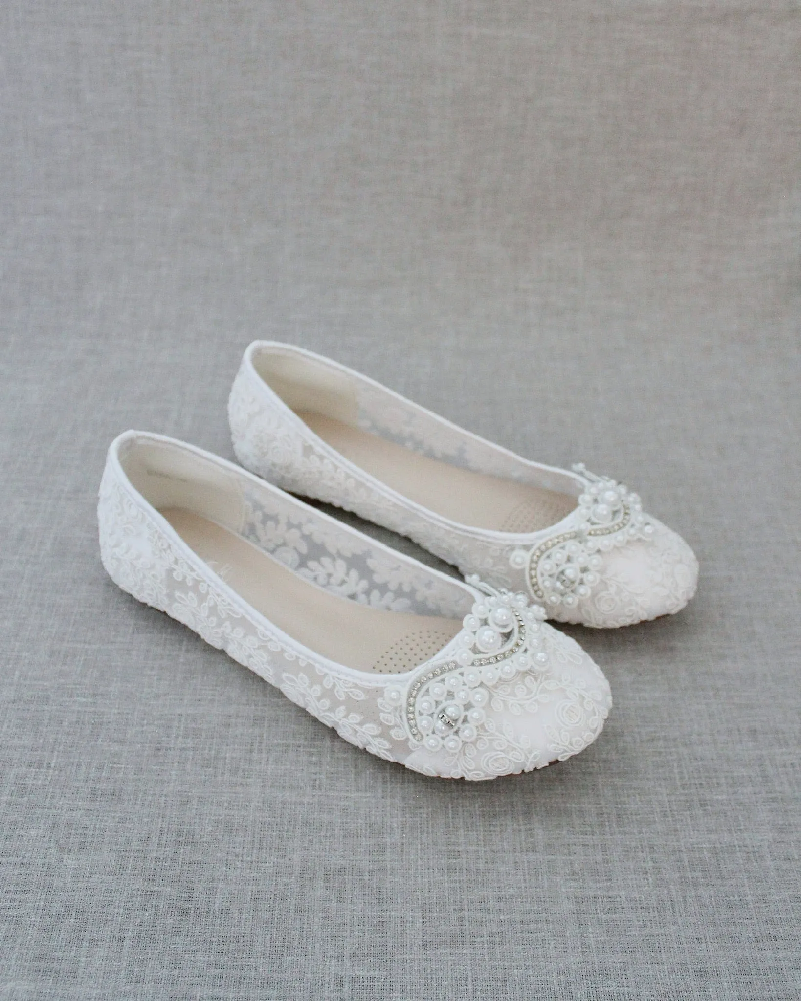 Crochet Lace Round Toe Flats with Small Pearls Applique