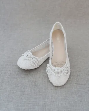 Crochet Lace Round Toe Flats with Small Pearls Applique