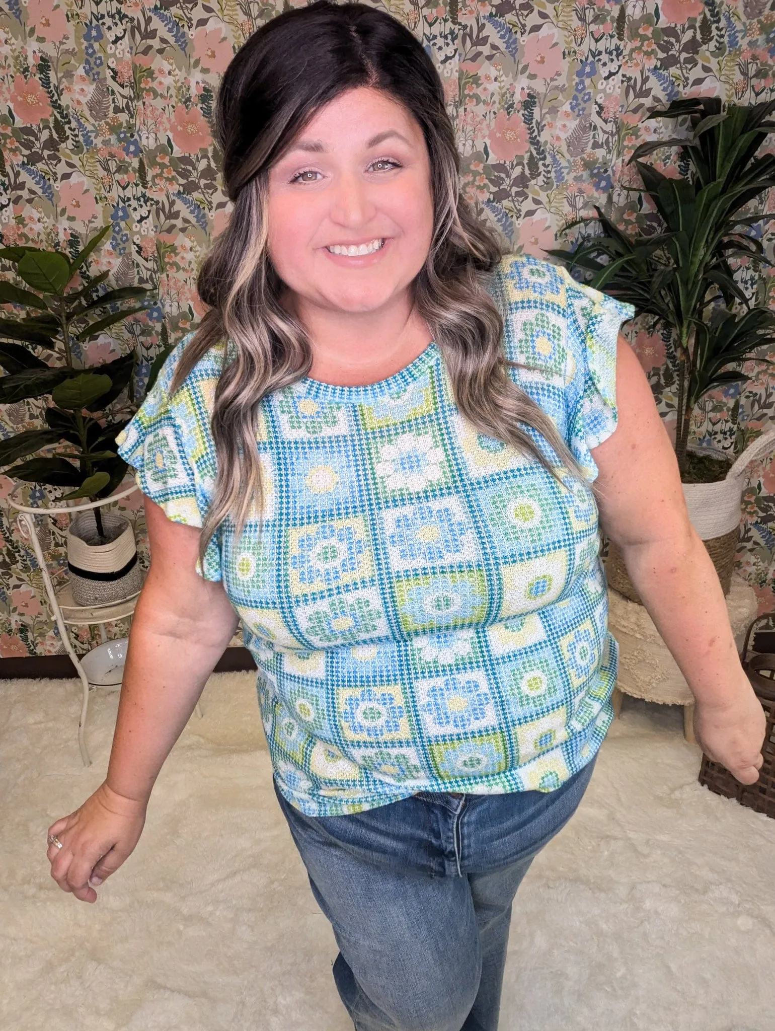 Daisy Flutter Sleeve Top in Granny Square Print (2 colors)