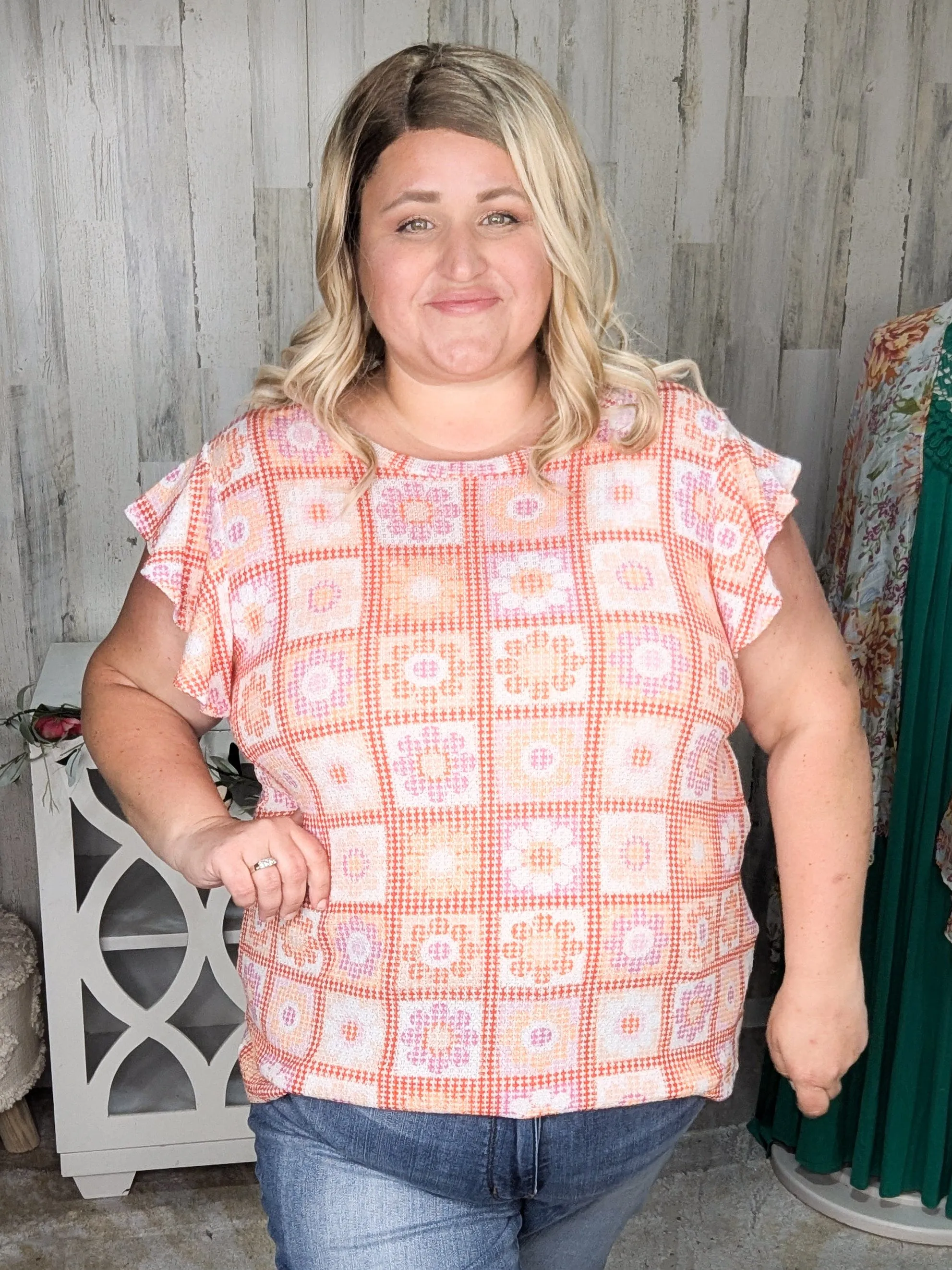 Daisy Flutter Sleeve Top in Granny Square Print (2 colors)