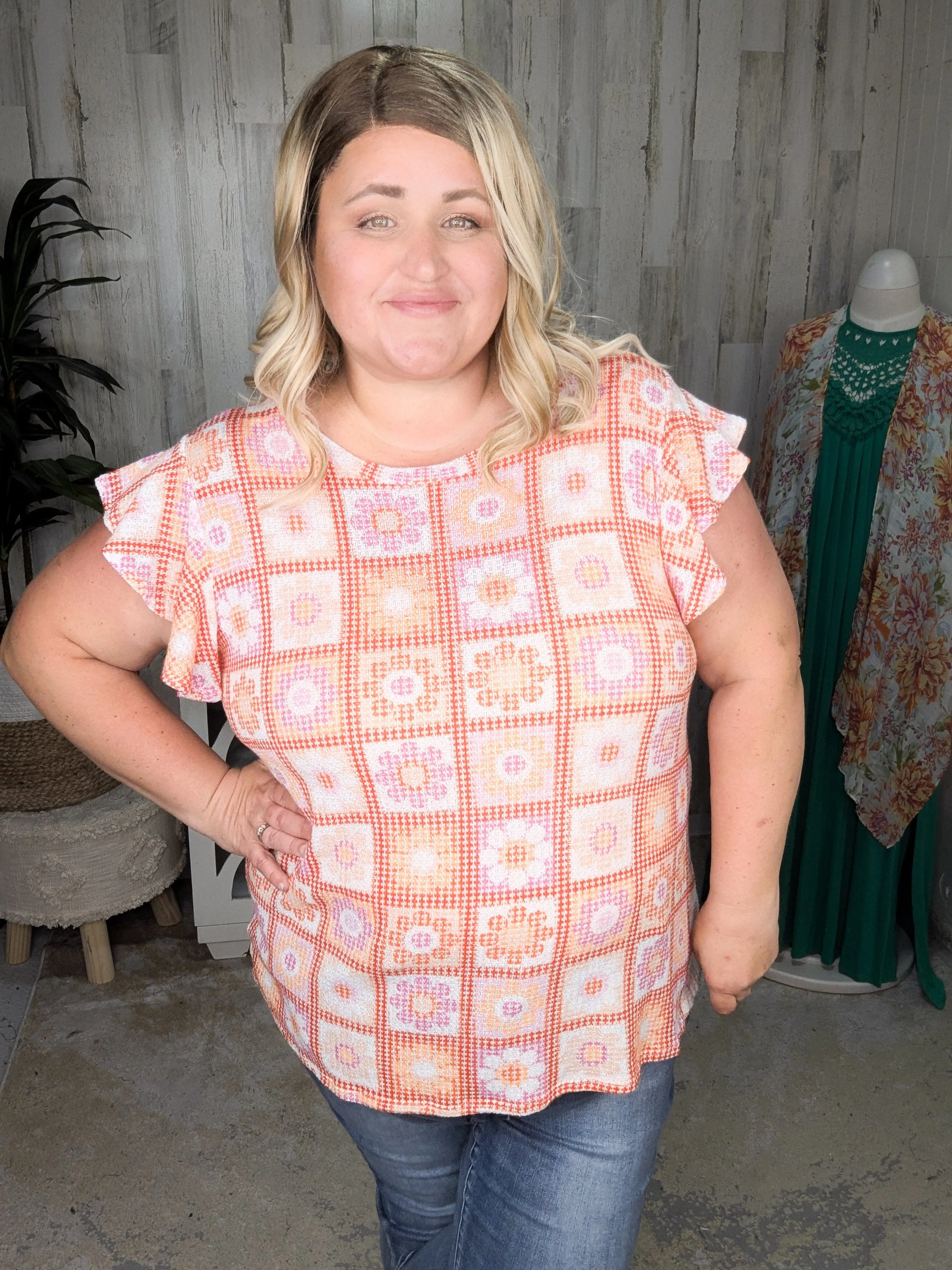 Daisy Flutter Sleeve Top in Granny Square Print (2 colors)