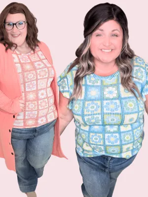 Daisy Flutter Sleeve Top in Granny Square Print (2 colors)