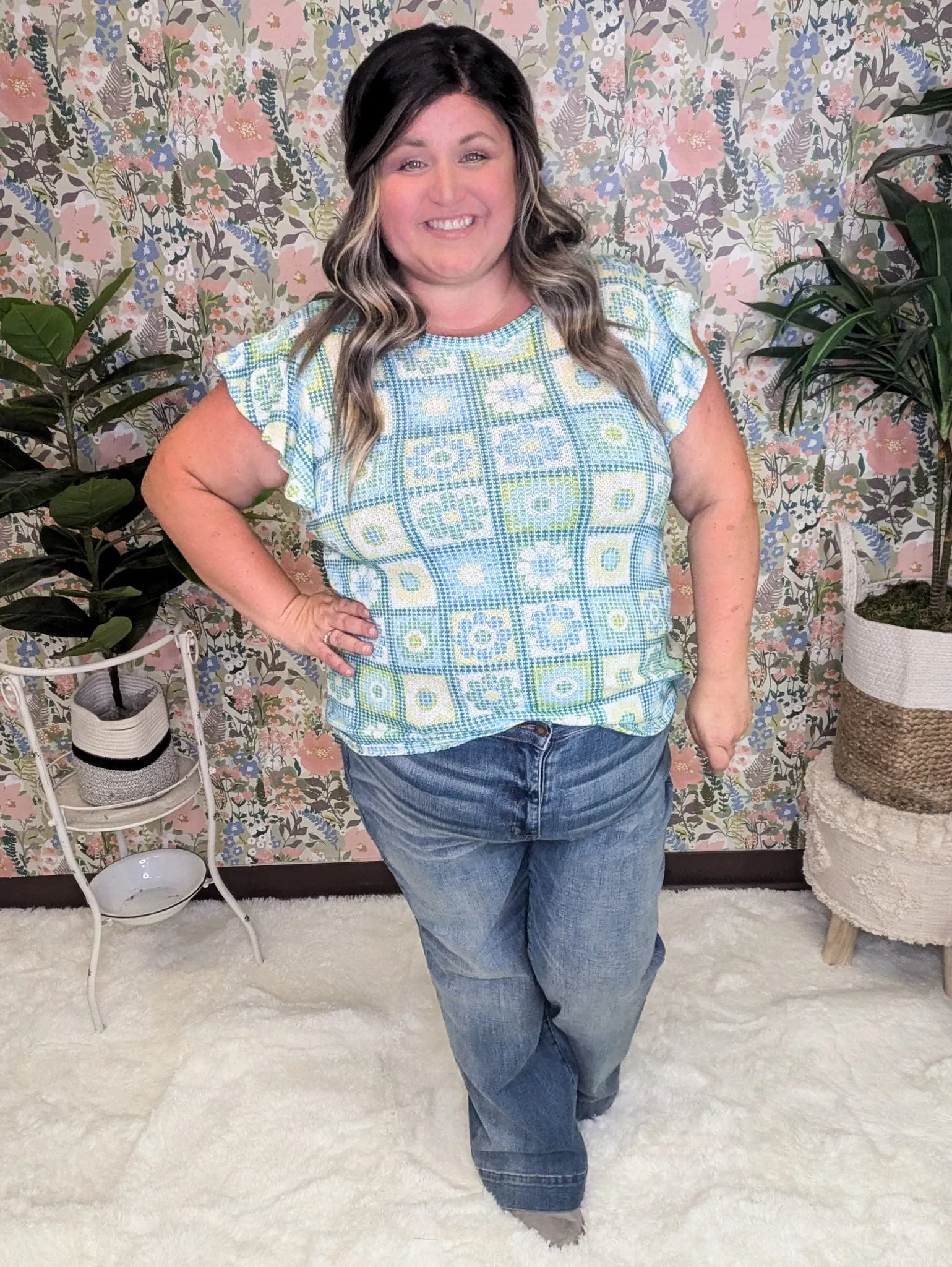 Daisy Flutter Sleeve Top in Granny Square Print (2 colors)