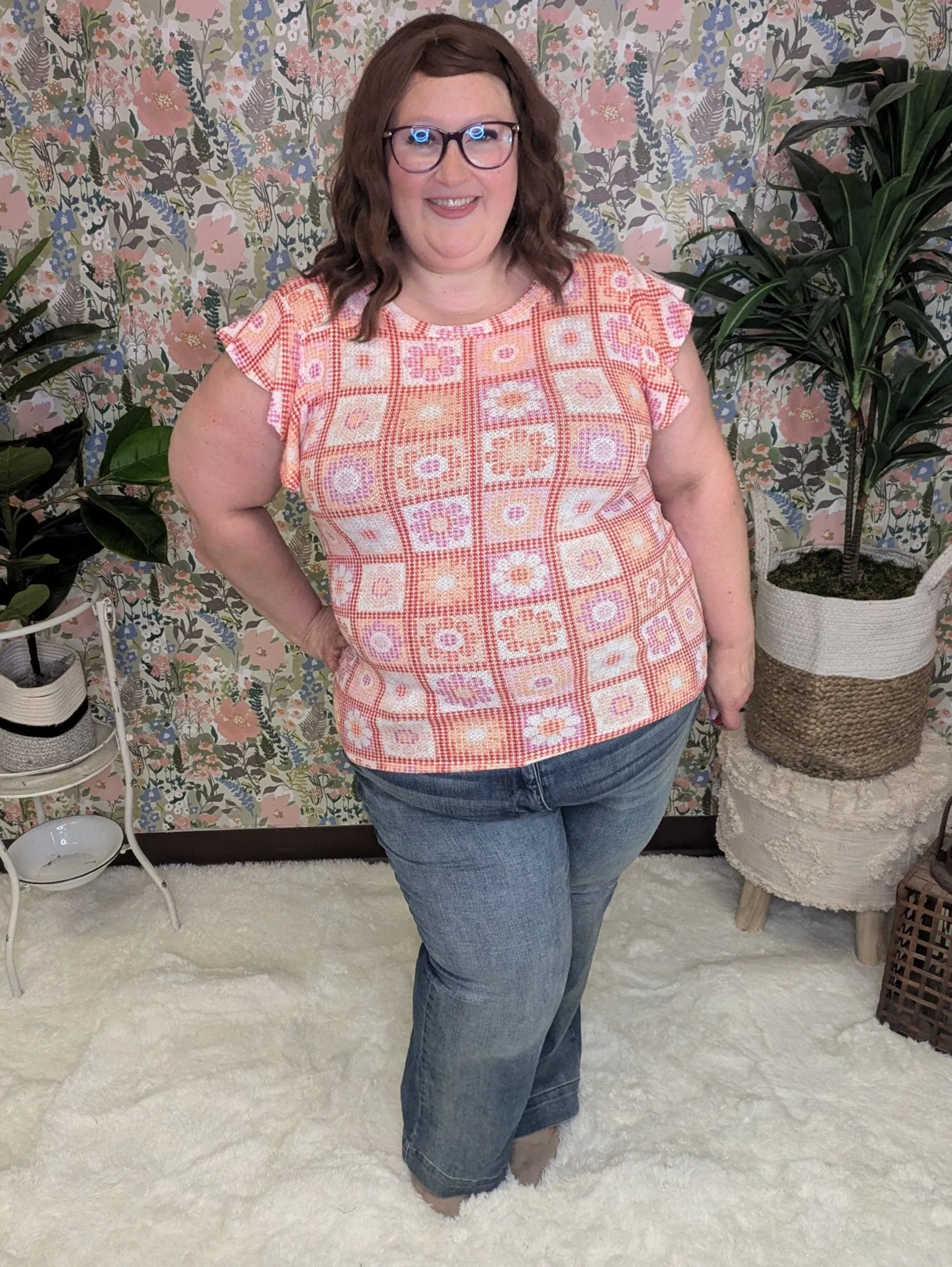 Daisy Flutter Sleeve Top in Granny Square Print (2 colors)