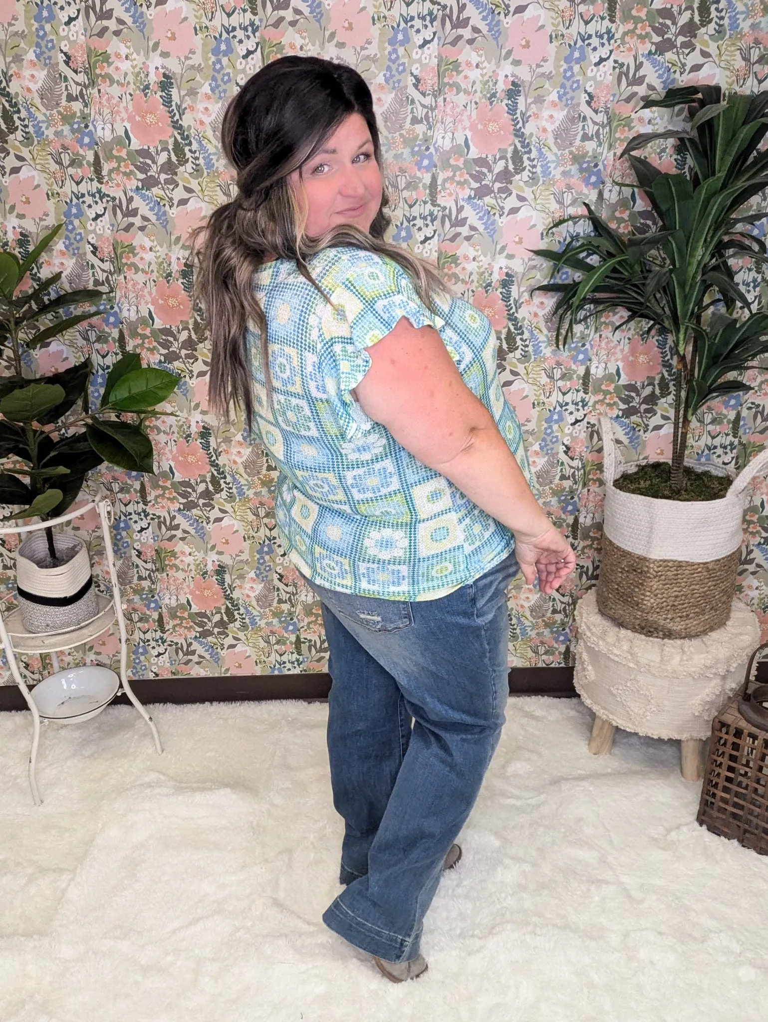 Daisy Flutter Sleeve Top in Granny Square Print (2 colors)