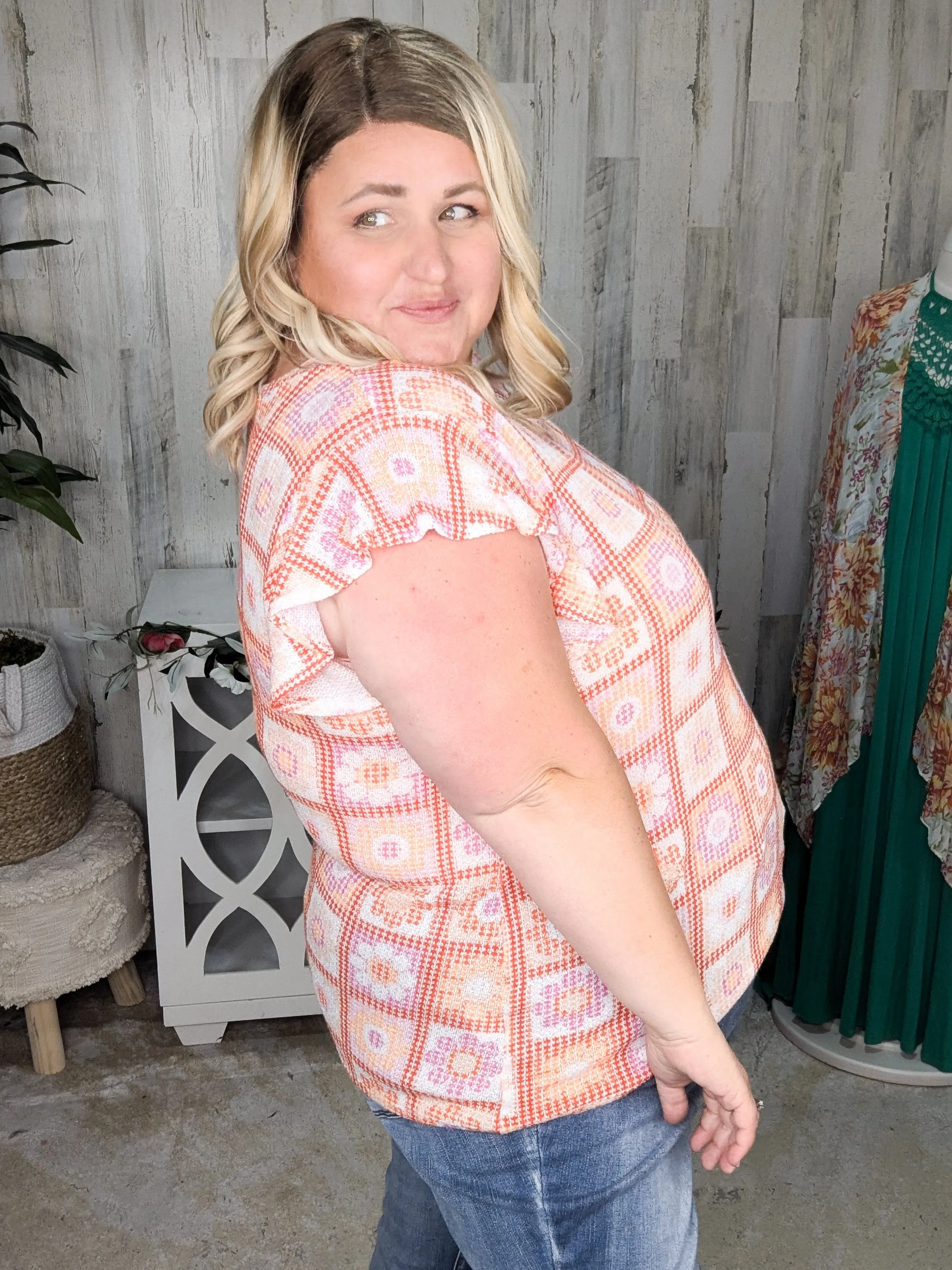 Daisy Flutter Sleeve Top in Granny Square Print (2 colors)