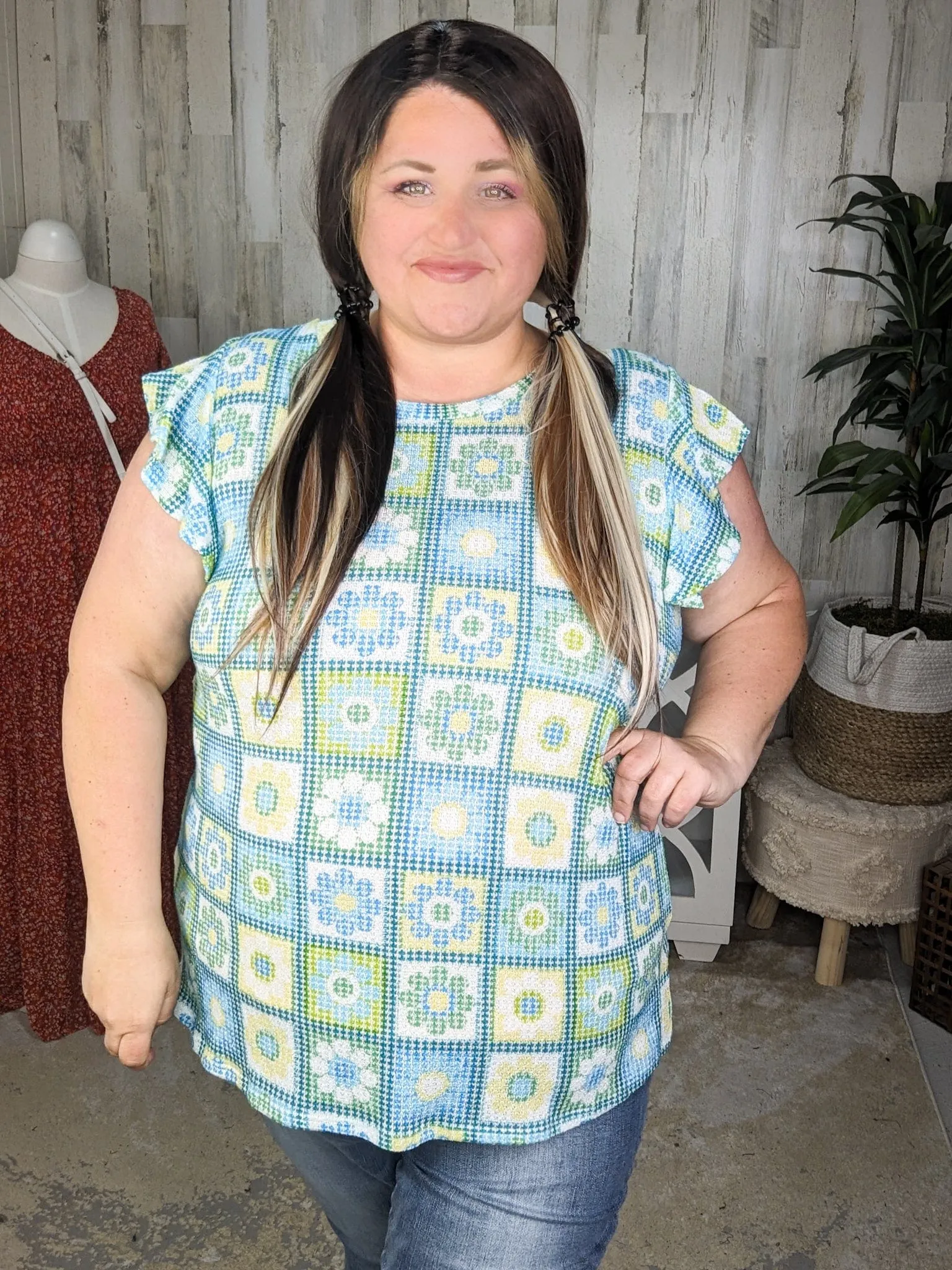Daisy Flutter Sleeve Top in Granny Square Print (2 colors)