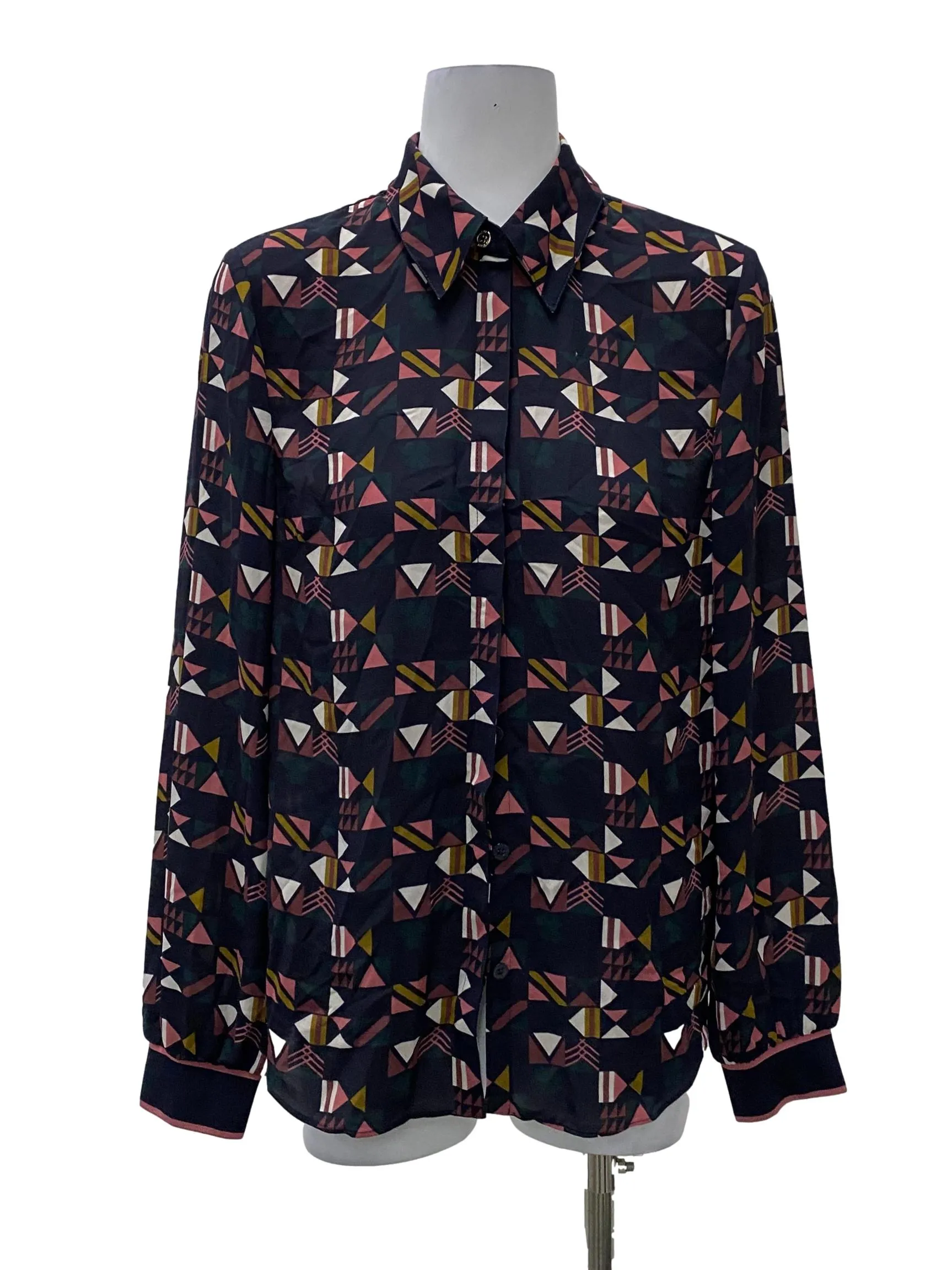 Dark Blue Patterned Button Up Blouse