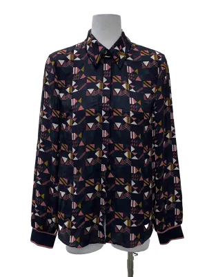 Dark Blue Patterned Button Up Blouse