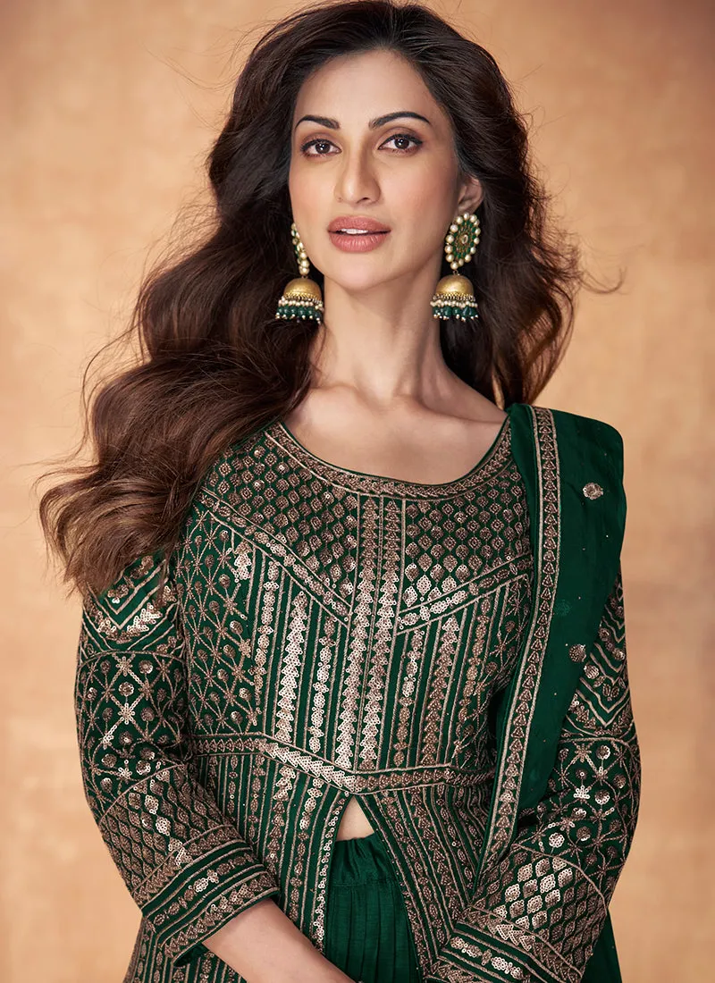 Dark Green Sequence Embroidery Slit Style Anarkali Lehenga